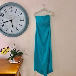 VTG 90s Turquoise Strapless Gown w/Train, LG